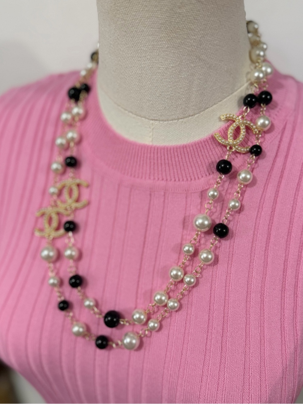Chanel Gold-Tone Pearl & Black Bead Logo Long Necklace - Pink